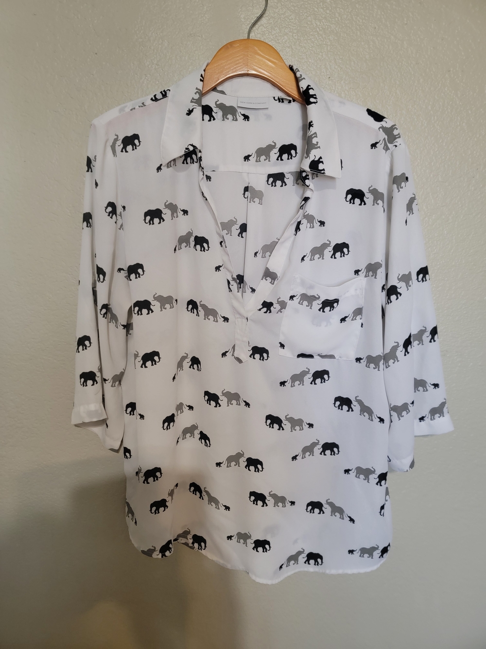New York & Company White Blouse with Black and Gray Elephant Print